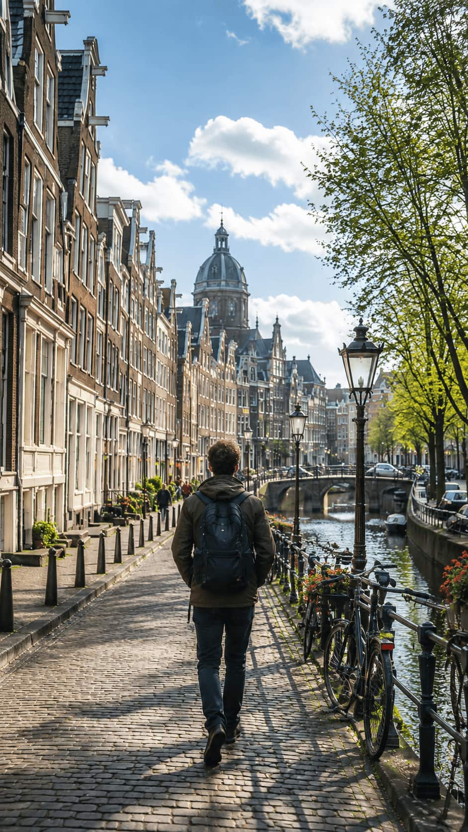 Viaggiatore che cammina per una strada di Amsterdam