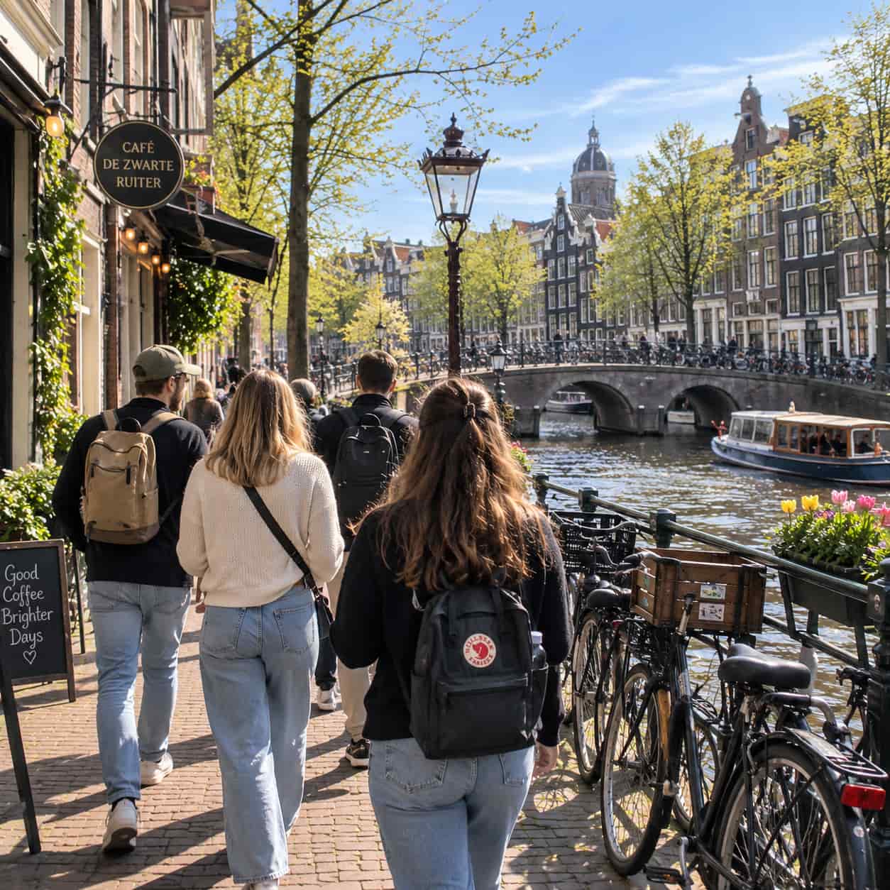 Gruppo di viaggiatori che camminano insieme per una strada di Amsterdam